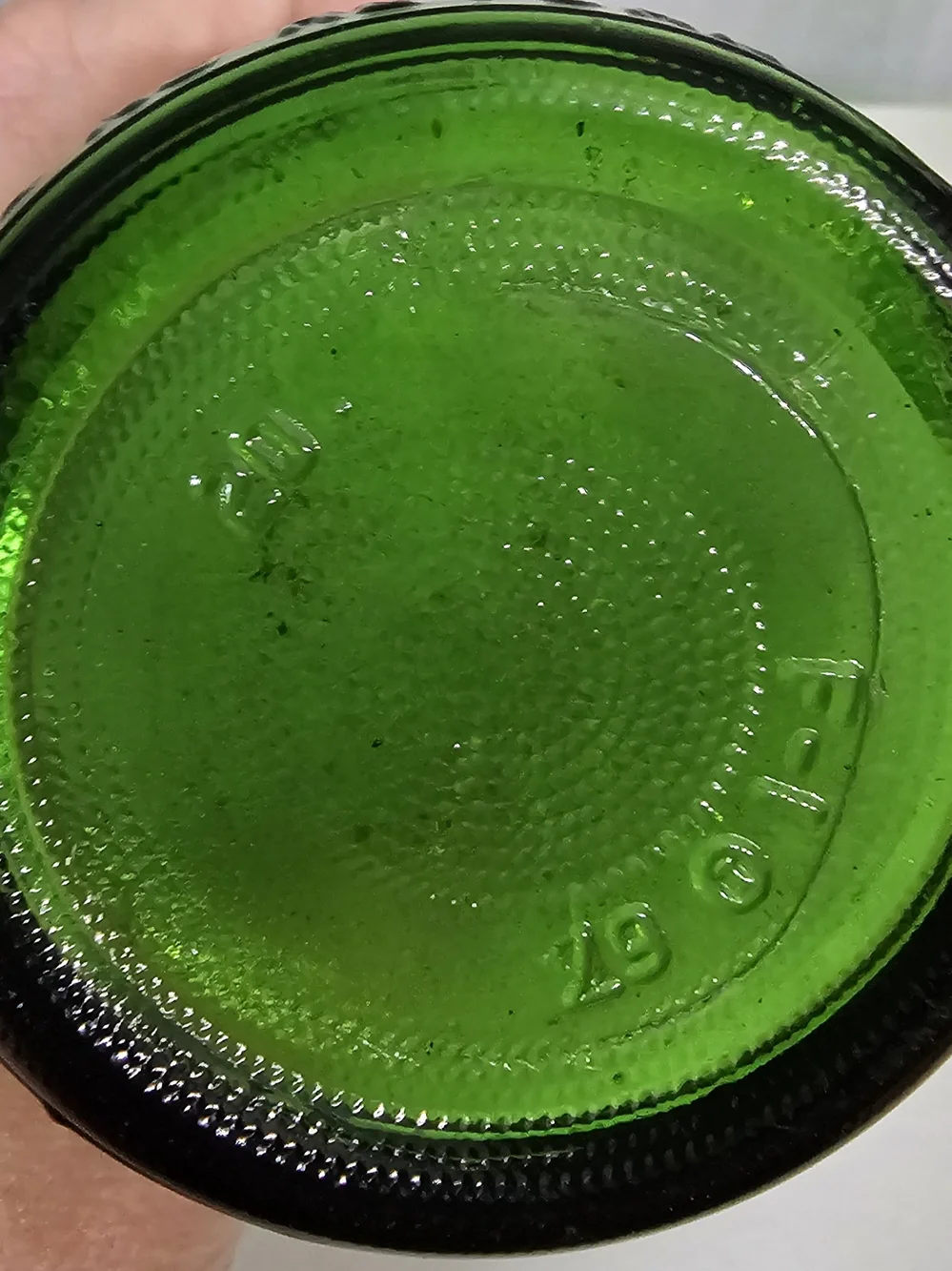 Green Glass Bottle Lot of 3 - 1976 Bicentennial 7-Up, M. LaMont Cruet, Carafe